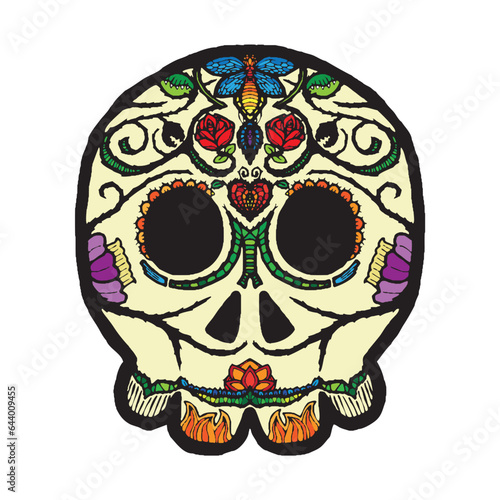 Vibrant calavera illustration with Mexican and Gothic influences celebrates Dia De Muertos.