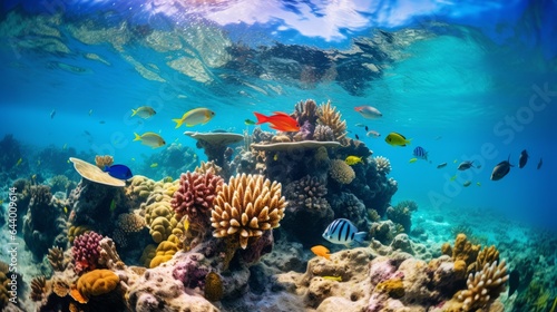 Photo of a vibrant coral reef teeming with tropical fish in an underwater paradise created with Generative AI technology