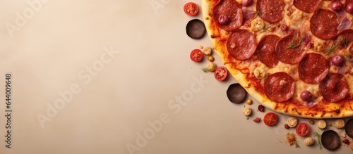 Food item often topped with cheese sauce and various toppings isolated pastel background Copy space