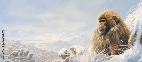 A snow searching gelada monkey isolated pastel background Copy space