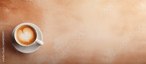 Birds eye view of coffee cup isolated pastel background Copy space
