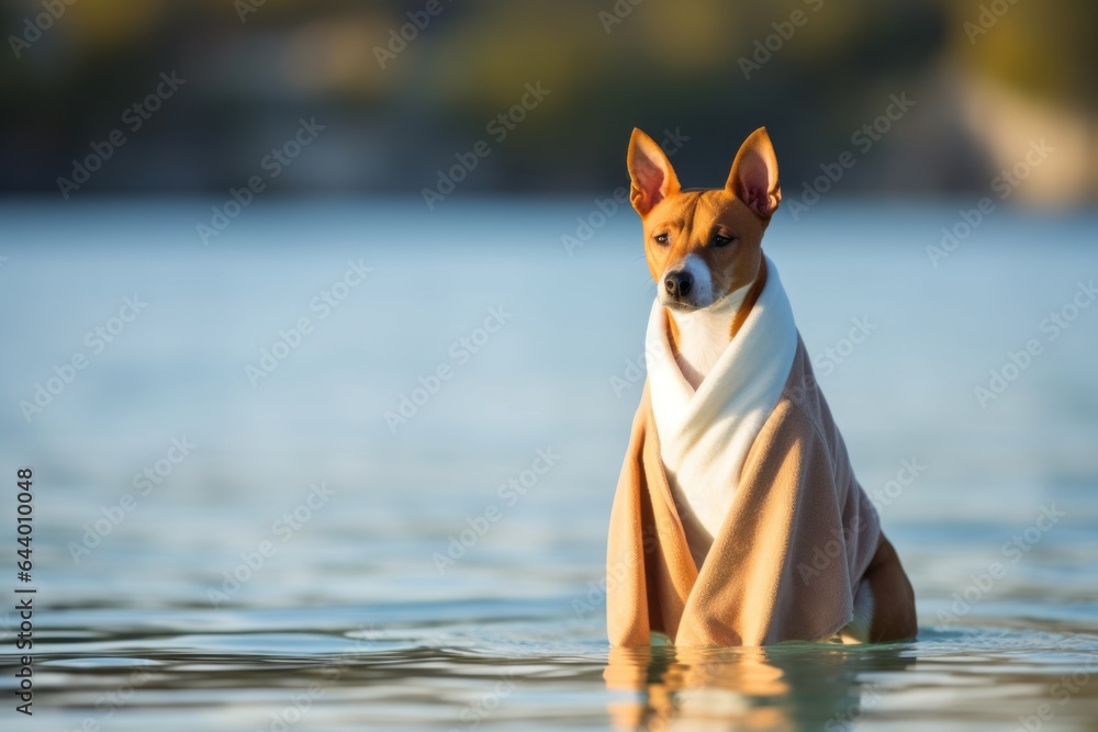 Medium shot portrait photography of a curious basenji dog tail chasing wearing a plush robe against a beautiful lagoon background. With generative AI technology