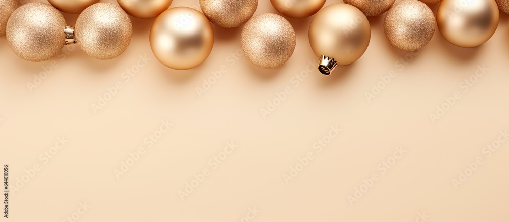 Christmas baubles in gold placed on a isolated pastel background Copy space Christmas baubles in gold placed on a isolated pastel background Copy space