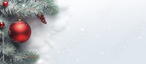 Christmas tree red glass ball and snow on an evergreen spruce isolated pastel background Copy space