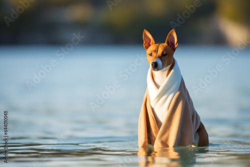 Medium shot portrait photography of a curious basenji dog tail chasing wearing a plush robe against a beautiful lagoon background. With generative AI technology © Markus Schröder