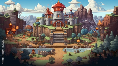 Fantasy landscape with ancient temple and ancient ruins, game asset