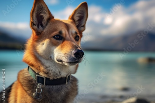 Headshot portrait photography of a cute norwegian lundehund laying down wearing a spiked collar against a beautiful lagoon background. With generative AI technology