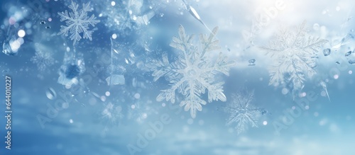 High magnification reveals ice crystals and snowflakes isolated pastel background Copy space