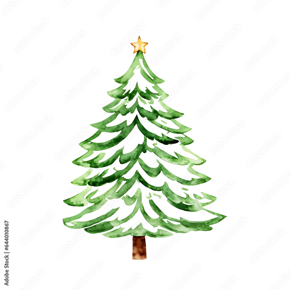 Fototapeta premium Watercolor Christmas tree decorated with star.