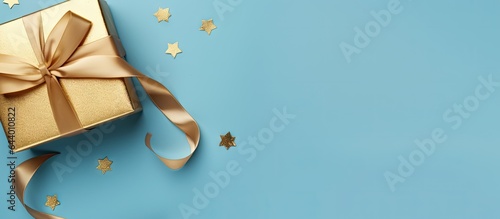 Gradient isolated pastel background Copy space with golden bow on a gift box and bag