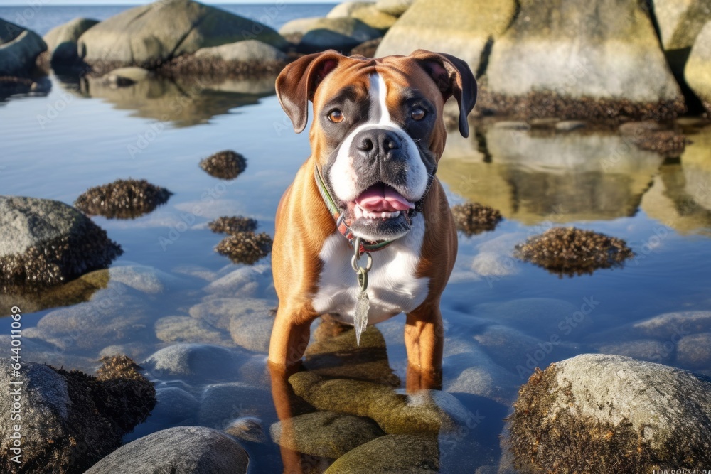 Photography in the style of pensive portraiture of a smiling boxer dog chewing bone wearing a sailor suit against a peaceful tide pool background. With generative AI technology