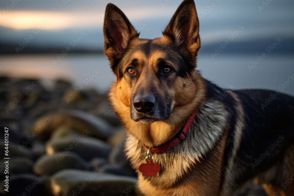 Close-up portrait photography of a cute german shepherd guarding wearing a light-up collar against a rocky shoreline background. With generative AI technology Close-up portrait photography of a cute german shepherd guarding wearing a light-up collar against a rocky shoreline background. With generative AI technology