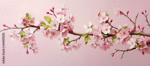 Crabapple trees blooming branches and twigs with pink buds and flowers adding joy and beauty to spring isolated pastel background Copy space