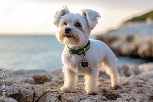Environmental portrait photography of a curious maltese running wearing a light-up collar against a rocky shoreline background. With generative AI technology