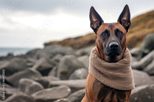 Full-length portrait photography of a cute belgian malinois dog chewing bone wearing a snood against a dramatic coastal cliff background. With generative AI technology