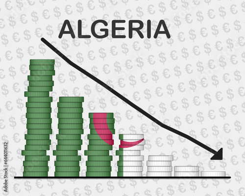 Algeria economic collapse, decreasing values with coins, crisis and downgrade concept