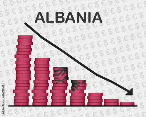 Albania economic collapse, decreasing values with coins, crisis and downgrade concept