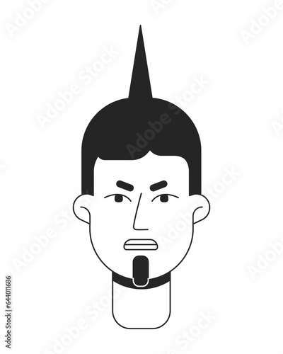 Angry man monochrome flat linear character head. Brunette punk hairstyle. Rebel. Editable outline hand drawn human face icon. 2D cartoon spot vector avatar illustration for animation
