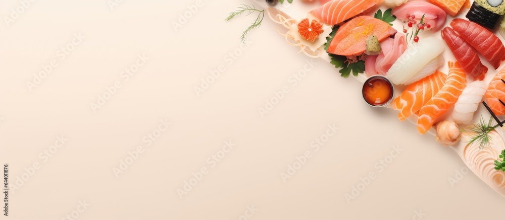 Different types of sushi and sashimi against a isolated pastel background Copy space