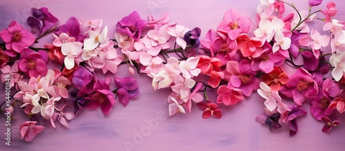 Fotografia Gorgeous flower backdrop with Bougainvillea and Aquilegia isolated pastel backgr