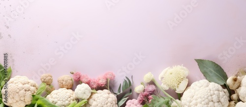 Cauliflower and green plants sold in store Store displays products isolated pastel background Copy space