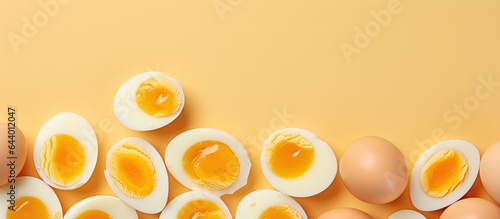 Halved boiled eggs with yolks on a isolated pastel background Copy space