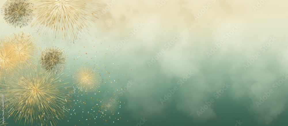 Fireworks in gold and green adorn the night sky with room for greetings Idea of celebration and special occasion isolated pastel background Copy space