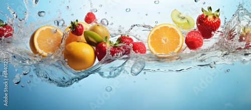Fruit mix blends in clear water isolated pastel background Copy space