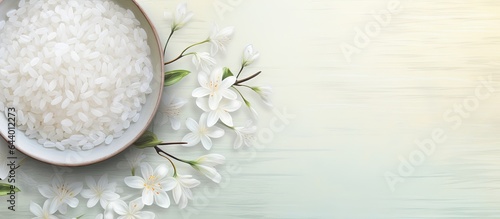 A bowl on a table holds Thai jasmine rice isolated pastel background Copy space
