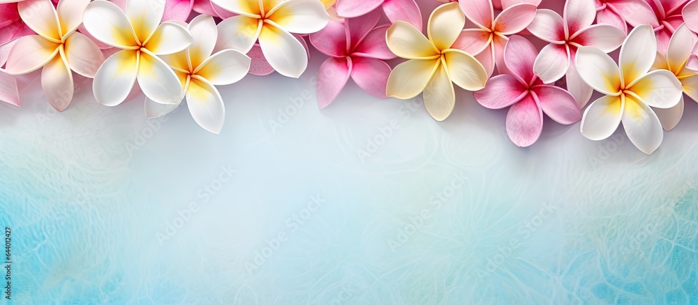 Fototapeta premium Background features a splendid display in summer with frangipani flowers flourishing in the garden isolated pastel background Copy space