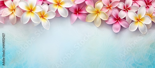 Background features a splendid display in summer with frangipani flowers flourishing in the garden isolated pastel background Copy space