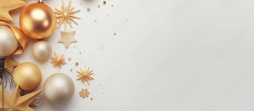 Christmas and New Year decor isolated on a isolated pastel background Copy space Artistic border with holiday ornaments Closeup of a beautiful Christmas tree adorned with golden snowflakes cone Christmas and New Year decor isolated on a isolated pastel background Copy space Artistic border with holiday ornaments Closeup of a beautiful Christmas tree adorned with golden snowflakes cone