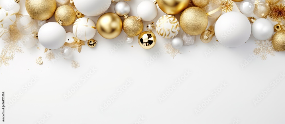 Gold and white Christmas decorations and frame mock up with New Years Christmas balls Winter holiday concept Flat lay with copy space isolated pastel background Copy space Gold and white Christmas decorations and frame mock up with New Years Christmas balls Winter holiday concept Flat lay with copy space isolated pastel background Copy space