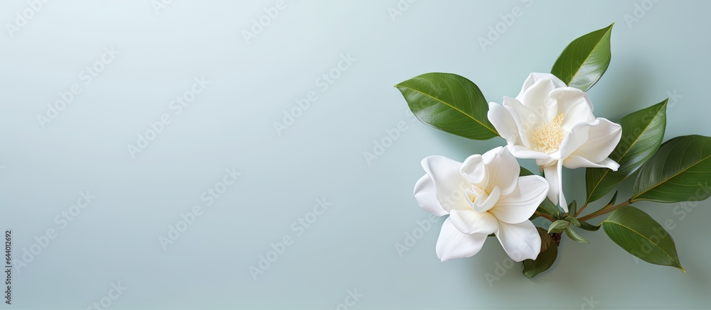 A single white gardenia on a isolated pastel background Copy space accompanied by a leaf