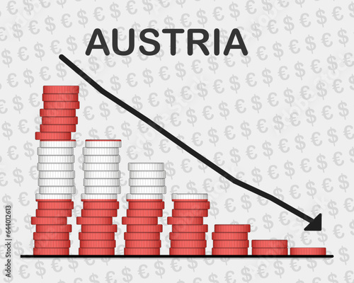 Austria economic collapse, decreasing values with coins, crisis and downgrade concept