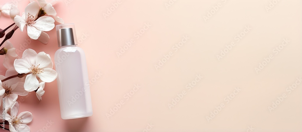 Isolated isolated pastel background Copy space with cosmetics bottles towel and flower