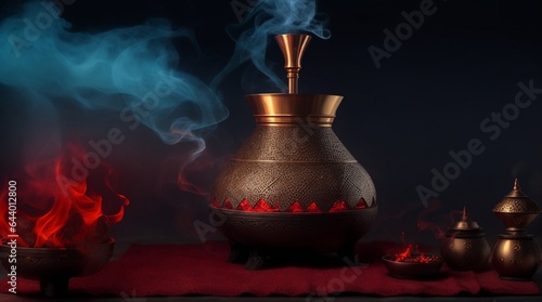 Hookah hot coals on shisha bowl on dark foggy background