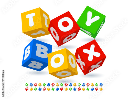 Vector colorful sign Toy Box with bright funny Alphabet Letters and Numbers set. Block shaped Font