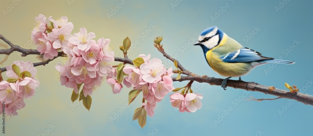 Fototapeta premium Blue Tit perched on a blossoming branch Cyanistes caeruleus seen from the side on isolated pastel background Copy space