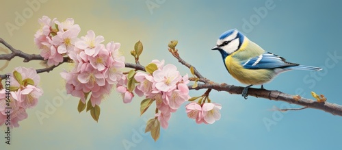 Blue Tit perched on a blossoming branch Cyanistes caeruleus seen from the side on isolated pastel background Copy space photo