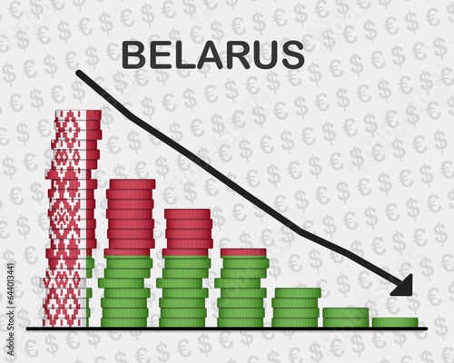 Belarus economic collapse, decreasing values with coins, crisis and downgrade concept