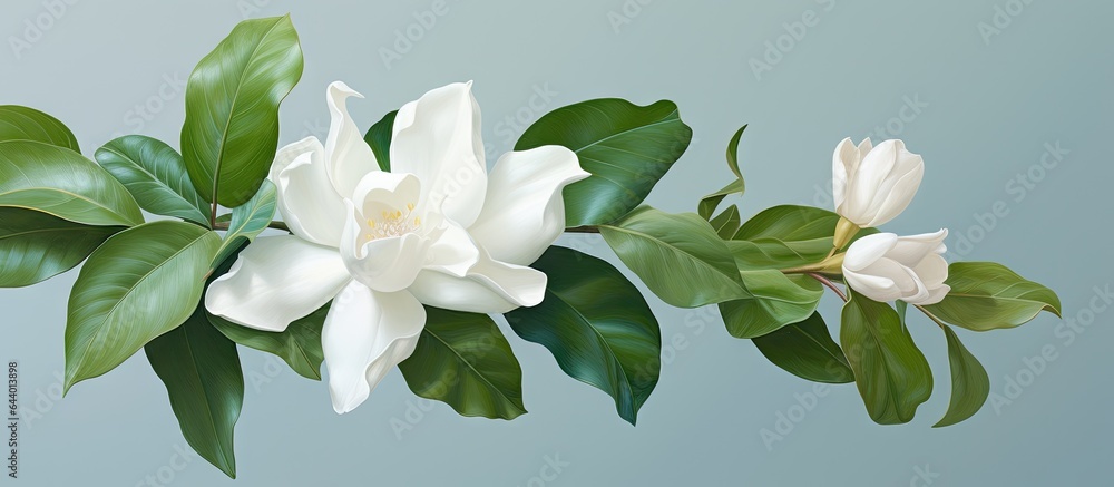 Fototapeta premium A single white gardenia on a isolated pastel background Copy space accompanied by a leaf
