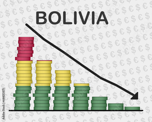 Bolivia economic collapse, decreasing values with coins, crisis and downgrade concept