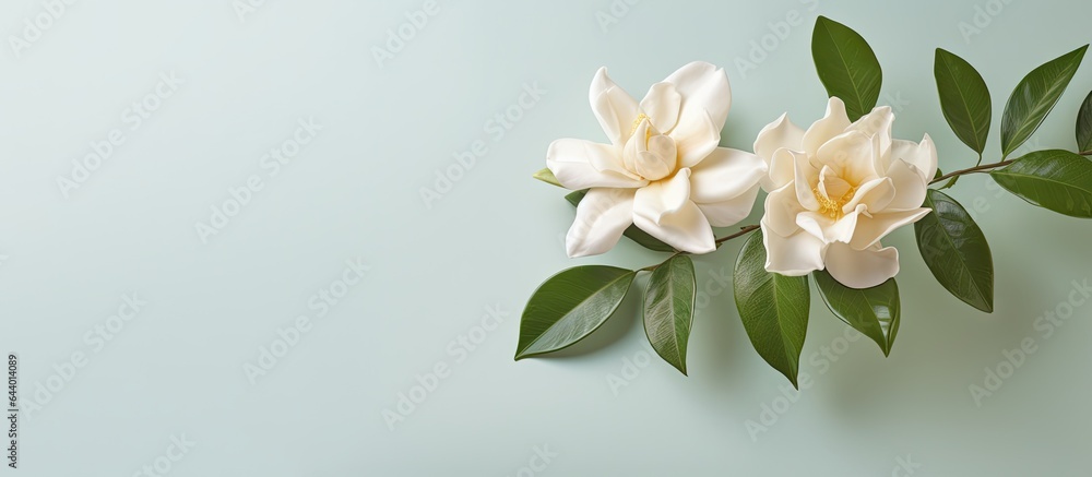 A single white gardenia on a isolated pastel background Copy space accompanied by a leaf