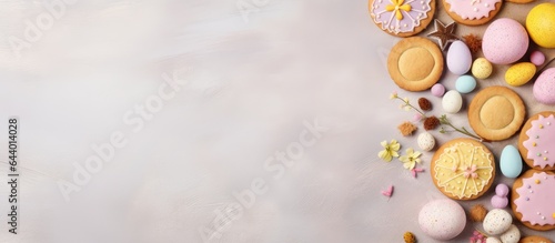 Easter themed plate holds tasty cookies with eggs and candy on a isolated pastel background Copy space