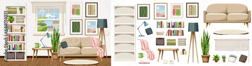 Living room interior with a sofa, a white bookcase, a window, pictures, and houseplants. Cozy room interior design. Furniture set. Interior constructor. Cartoon vector illustration
