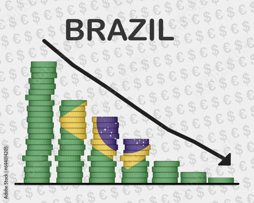 Brazil economic collapse, decreasing values with coins, crisis and downgrade concept