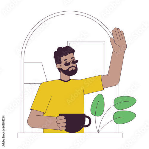 Afro neighbour flat line concept vector spot illustration. Good neighborhood. Man waving from window 2D cartoon outline character on white for web UI design. Editable isolated color hero image