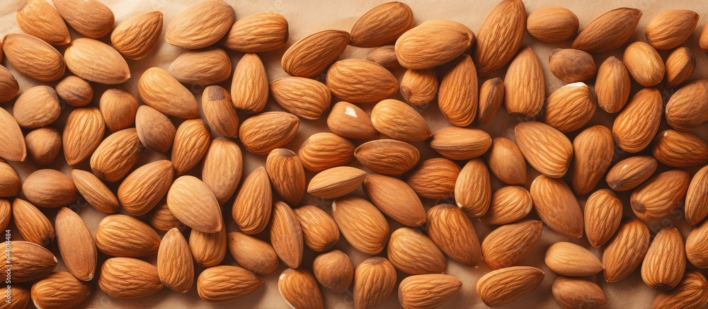 Brown almonds on a isolated pastel background Copy space Brown almonds on a isolated pastel background Copy space