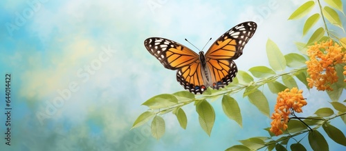 Butterfly perches on branch isolated pastel background Copy space